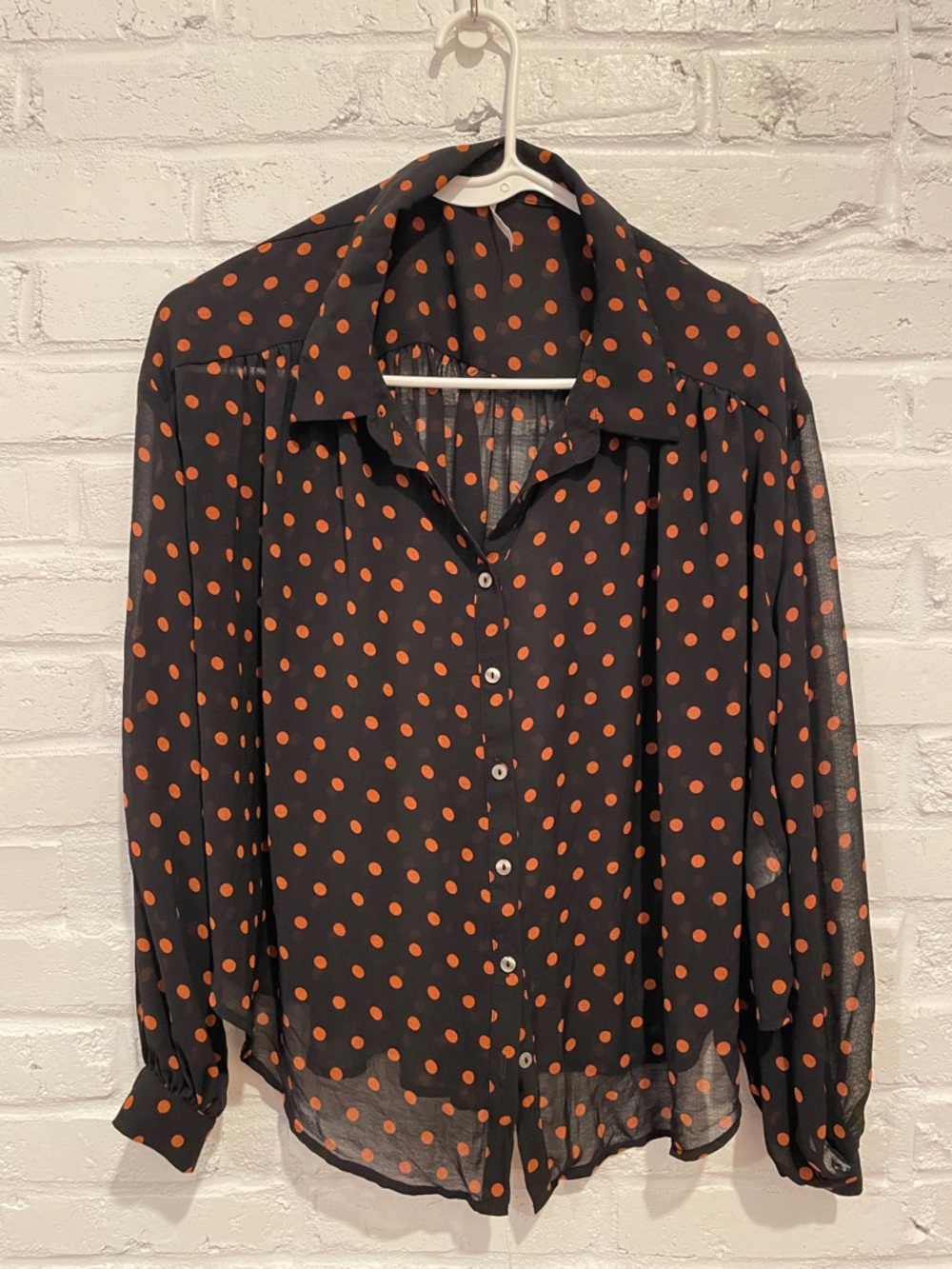 Free People See Through Black & Orange Polka Dot Button-Front Blouse